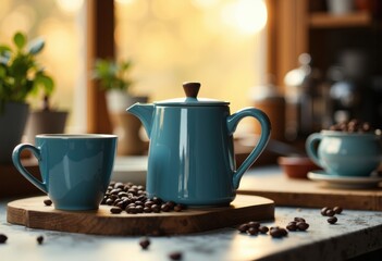 A teal teapot and cup surrounded by coffee beans on a wooden board