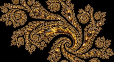 Intricate Golden Fractal Swirl Pattern Abstract Design on Black Background