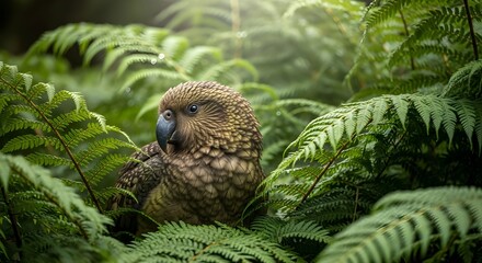 Majestic Kakapo (night parrot) nestled among New Zealand ferns, soft golden-green feathers blending with the foliage, gentle morning light.