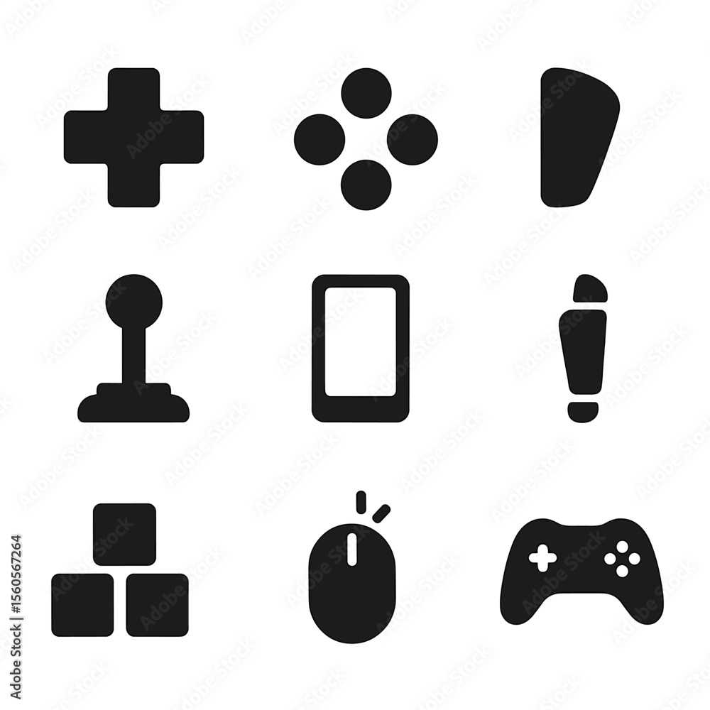 Poster game controls icons. solid, filled icon set of game controls: directional pad, buttons, triggers, jo