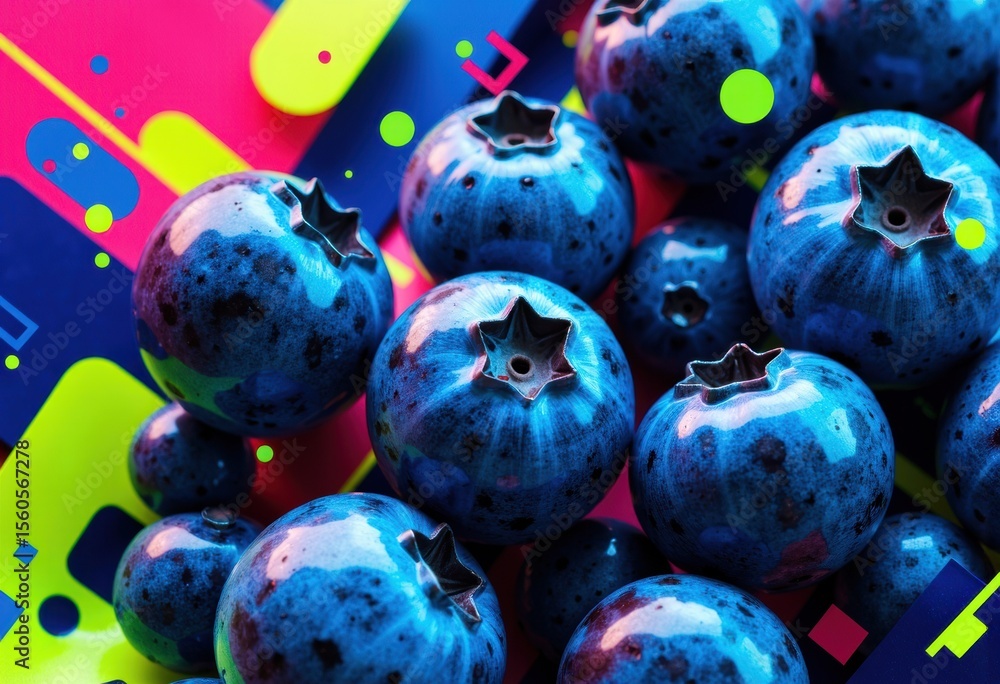 Poster fresh blueberries with vibrant colorful background and abstract design elements