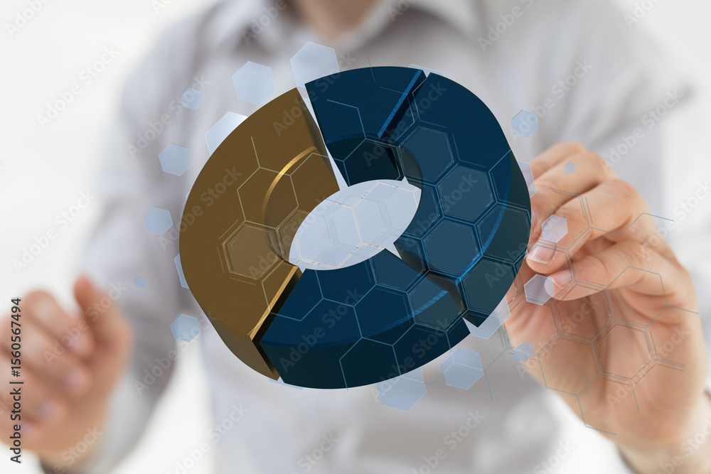 Poster a businessman interacts with a 3d pie chart, visualizing data and business analytics.