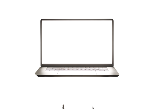 Modern laptop with bright white blank screen, isolated on black background.