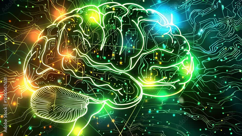 Poster converging circuits of a glowing brain, intricate and luminescent design