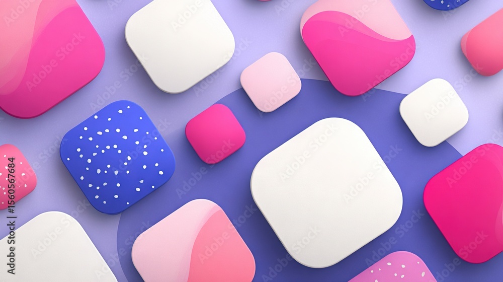 Aufkleber colorful 3d rounded squares and blobs in pink, purple, and white on soft lavender background creatin