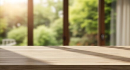 Sunlight Streaming Through Window onto Wooden Tabletop Serene Nature View