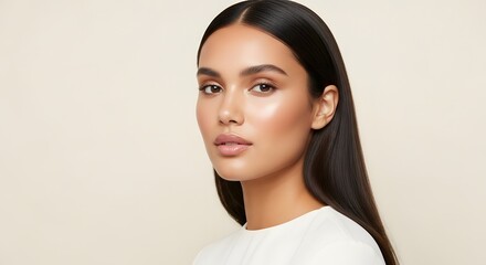 Radiant Beauty Portrait  Woman with Smooth Skin and Long Dark Hair