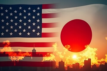 American flag and Japan flag with fire burning. USA finance, government, and economics concept. Trade war. Tax and tariff concept
