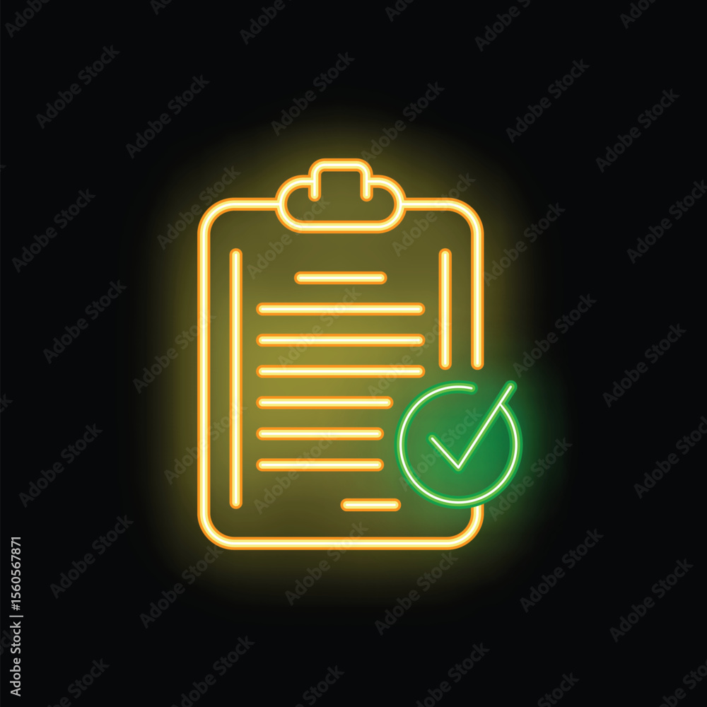 Poster neon icon of a clipboard with a green checkmark, representing a completed task or approved document