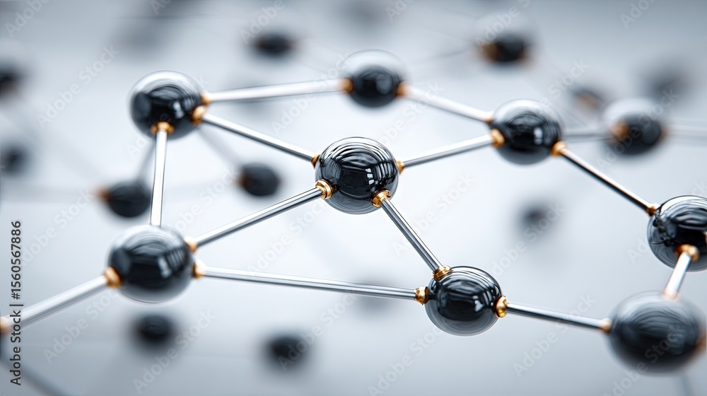 Aufkleber close-up of shiny black molecular structure with interconnected spheres and rods on smooth silver ba