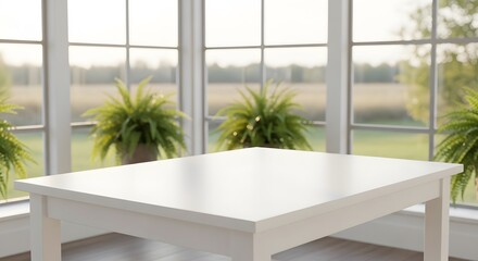 White Square Table by Window with Greenery Modern Interior Design
