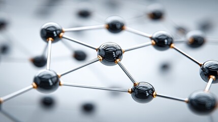 Close-up of shiny black molecular structure with interconnected spheres and rods on smooth silver background, representing science network