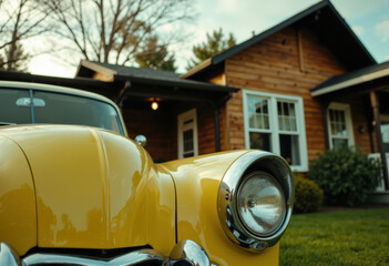 Classic yellow vintage car parked in front of a cozy wooden house on a sunny day