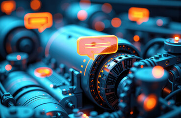 Close-up of a futuristic digital control panel with glowing chat icons and vibrant blue lighting