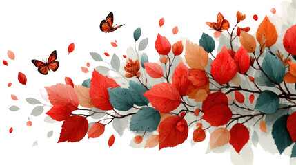 Watercolor painting of a branch with red and orange leaves and butterflies isolated on transparent background