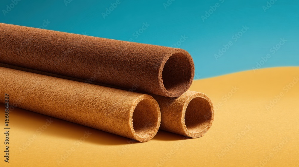 Aufkleber a stack of textured cylindrical objects in neutral tones against a contrasting blue and yellow backg