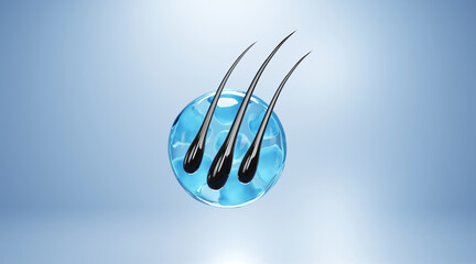 3D medical illustration of hair follicle repair and hair loss treatment. Cosmetic serum action on damaged scalp, showing oil, moisture, and vitamin absorption. Clean, modern skincare science concept.
