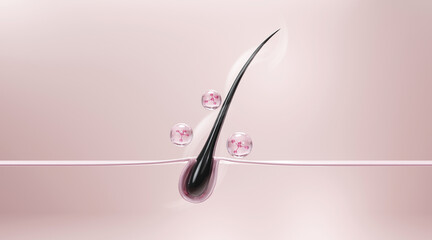 3D medical illustration of hair follicle repair and hair loss treatment. Cosmetic serum action on damaged scalp, showing oil, moisture, and vitamin absorption. Clean, modern skincare science concept.
