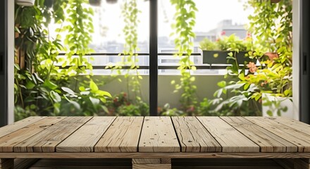 Rustic Wooden Tabletop with Lush Greenery Background