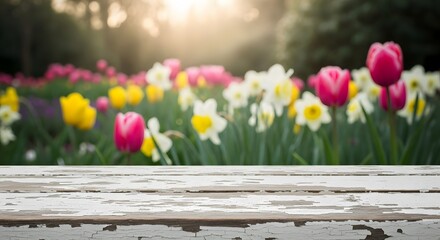 Vibrant Spring Flowers Tulips and Daffodils in a Sunlit Garden