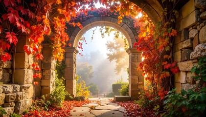Fototapeta premium A weathered stone archway adorned with lush green vines and delicate leaves, creating a natural frame that invites exploration into a serene garden.