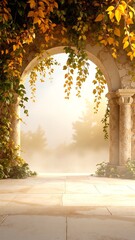 Fototapeta premium A weathered stone archway adorned with lush green vines and delicate leaves, creating a natural frame that invites exploration into a hidden garden.