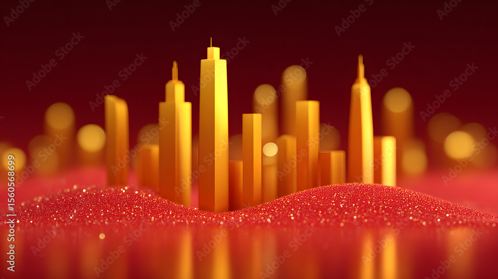 Aufkleber 3d rendering of a golden city with a red party-building background