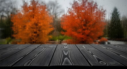 Rainy Autumn Day View Through Window of Vibrant Fall Foliage