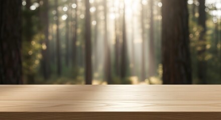 Serene Forest Sunrise Wooden Table Background Image
