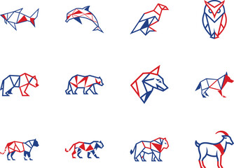 Twelve polygonal line animals feature a unique red and blue geometric color scheme against a white background