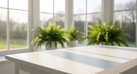 Sunlit White Table with Lush Green Ferns in a Bright Conservatory