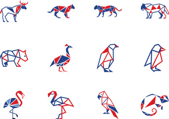 Geometric animal icons exhibit a vibrant red and blue polygonal pattern on white