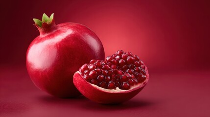 Vibrant pomegranate portrait: Whole and halved fruits display ruby-red seeds against a deep red backdrop perfect for healthy eating