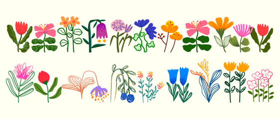 Pastel colors flowers leaves plants icon element illustration. Spring, summer flat botanical theme.