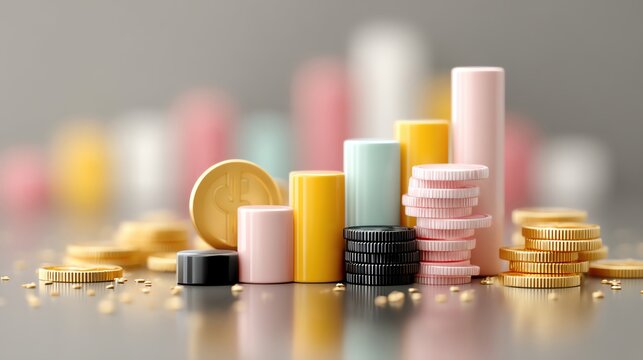 3d finance infographic, colorful layered bar graphs and coin symbols in stylized 3D, data visualization for modern businesses, cinematic mood and lighting