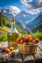 Fresh strawberries in basket with glass bottle on wooden table mountains