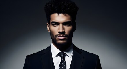 Confident Man in Black Suit, Dramatic Portrait Photography