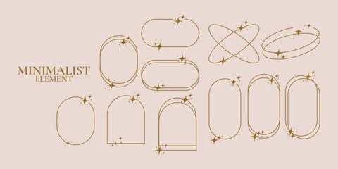 Set modern minimalist aesthetic line elements, trendy frames with stars, geometric forms. Arch frame with sparkles for social media or poster design, simple decorative boho style border vector set