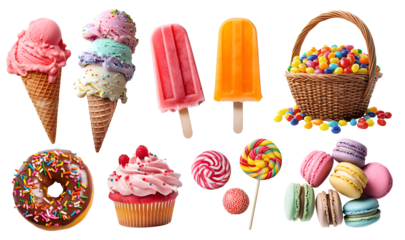 Collection of sweets dessert candy treats, donut doughnut, Ice popsicle lolly, Ice cream gelato, cupcake, lollipop, Macaroon Macaron, Jelly bean, transparent cutout PNG. Many different variety