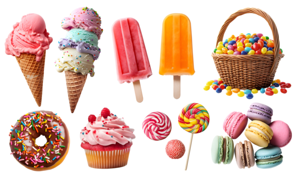 Collection of sweets dessert candy treats, donut doughnut, Ice popsicle lolly, Ice cream gelato, cupcake, lollipop, Macaroon Macaron, Jelly bean, transparent cutout PNG. Many different variety