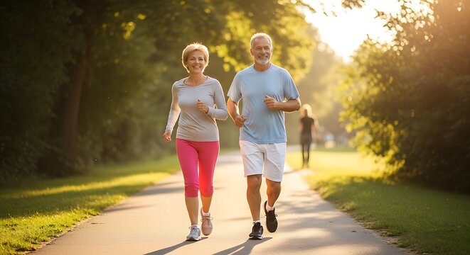 Happy senior couple jogging together on a sunny park path, embracing an active and healthy lifestyle. - Powered by Adobe