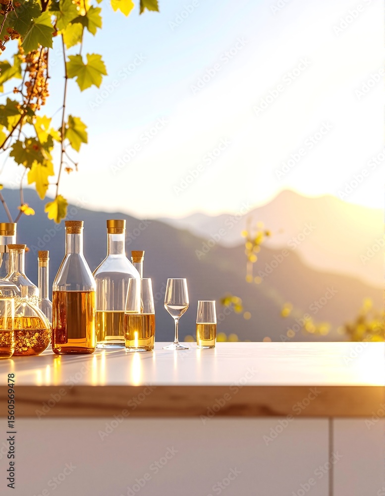 Poster a rustic wooden table adorned with an array of colorful glass bottles and elegant crystal glasses, r
