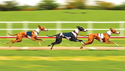Whippet Dogs running, Racing at Track, pop art. White tone