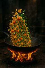 Fried Rice Tossed in Wok Over Open Flame