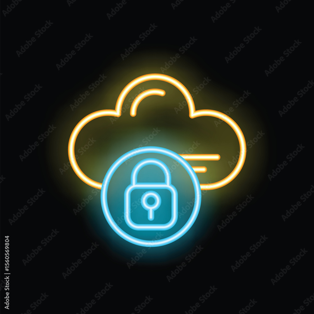 Poster glowing neon icon of a cloud with a padlock, symbolizing secure cloud computing and data protection