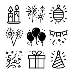 Fototapeta premium Glowing Celebration Icons. Solid, filled icon set of glow in celebrations: glowing candles, glowing fireworks, glowing lanterns,