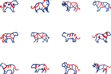 Various stylized red and blue cats are displayed on a white background in a pattern