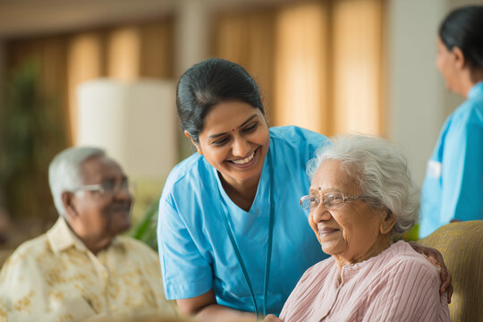 Indian nurses attending to elderly patients in a care facility, compassionate expressions, caregiving theme, natural lighting
