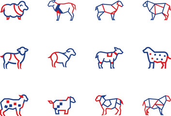 Twelve geometric sheep icons display red and blue lines with a white background