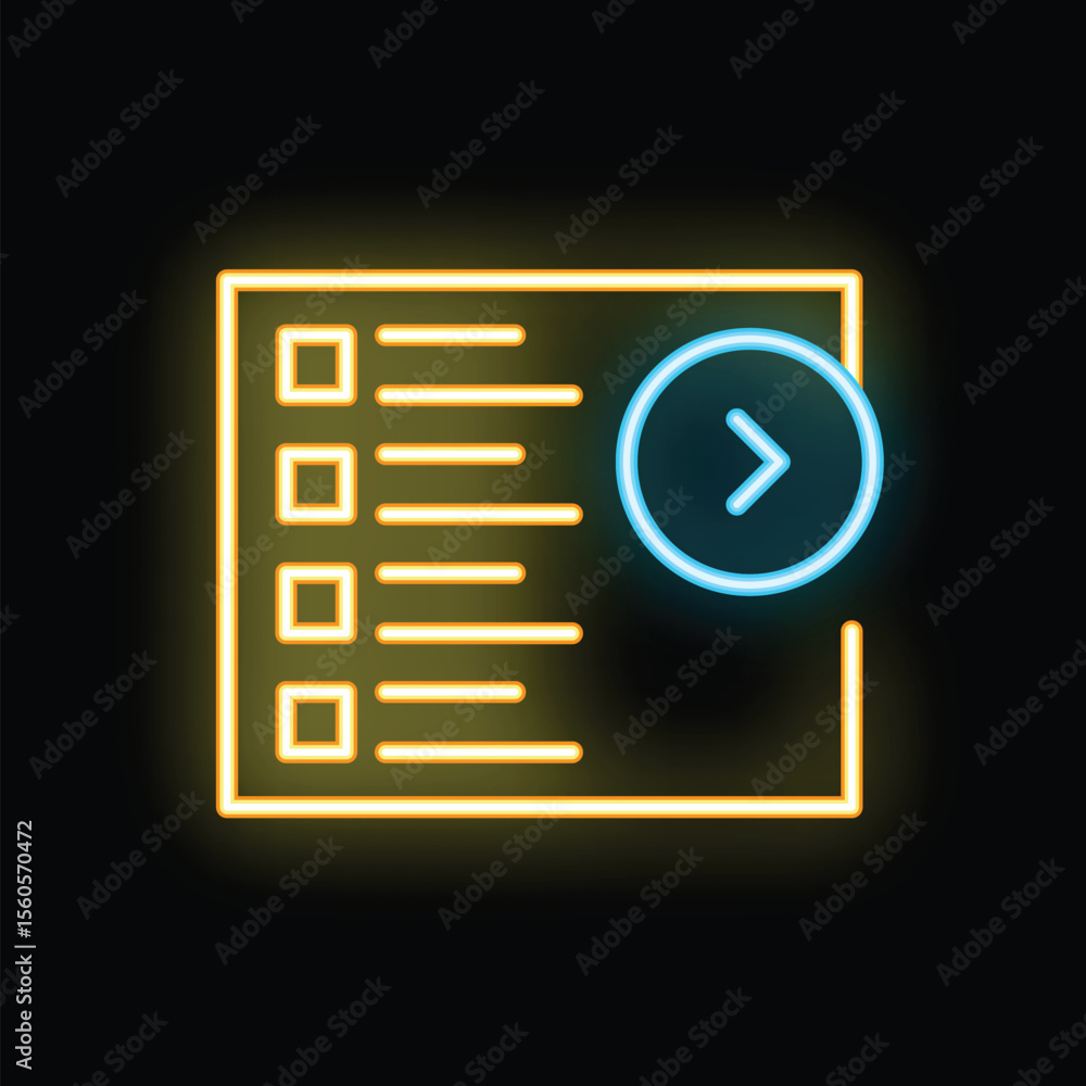 Poster neon document icon with checkboxes and right arrow button glowing on dark background